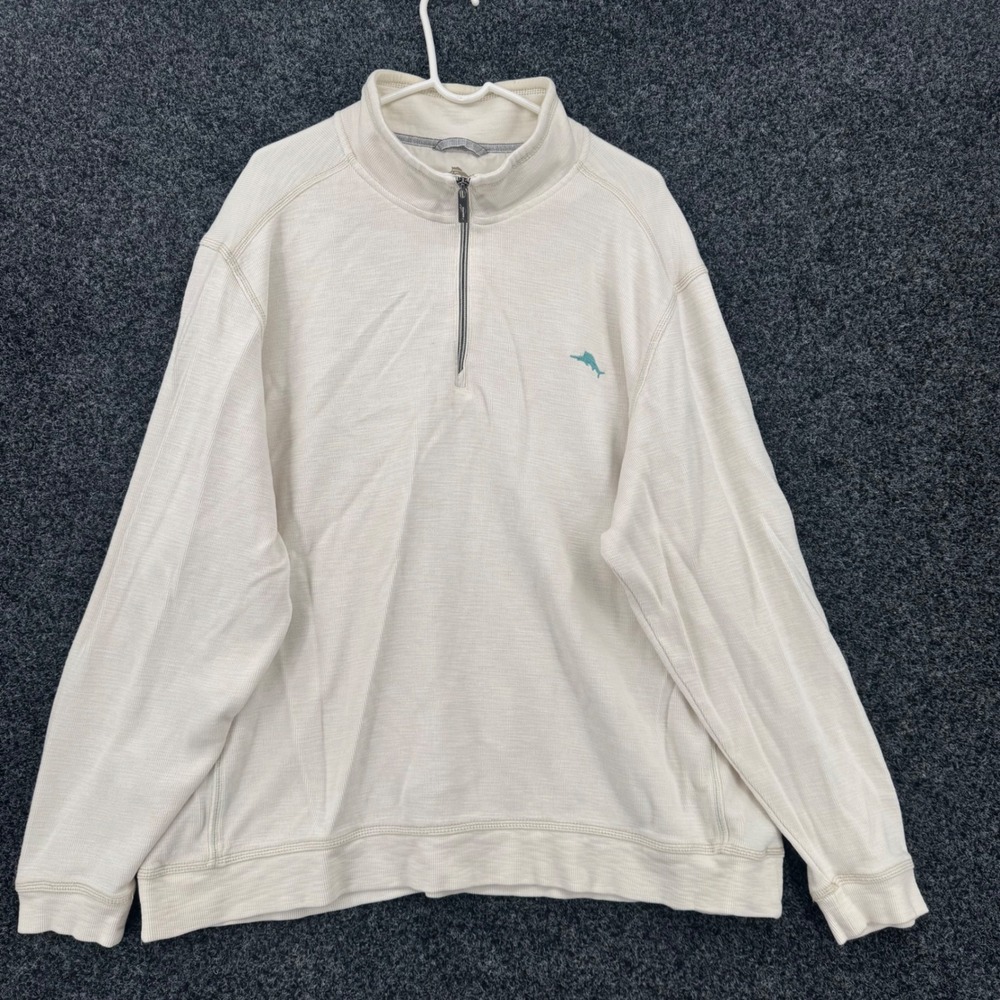 Tommy Bahama Mens 3XL Cream Pima Cotton Tencel 1/4 Zip Pullover Sweater Marlin